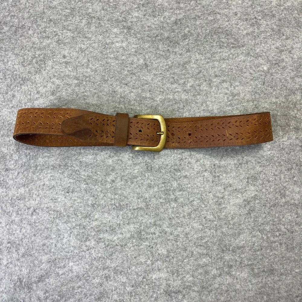 Womens Brown Genuine Leather Perforated Floral Belt 30''xDistressed Brass Buckle